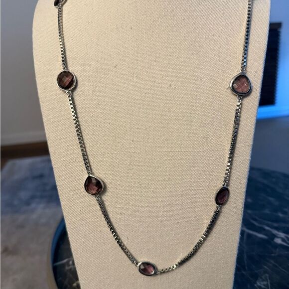 Anne Klein Signed Silver Tone long Box Chain Necklace Toggle Clasp & Oval Stones - Picture 2 of 6